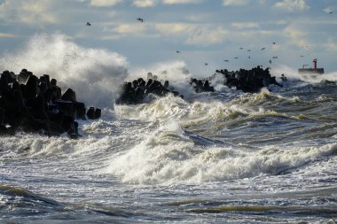 Baltık Denizi 'ndeki kış fırtınaları sırasında dalgalar dalgaların üzerine düşer.