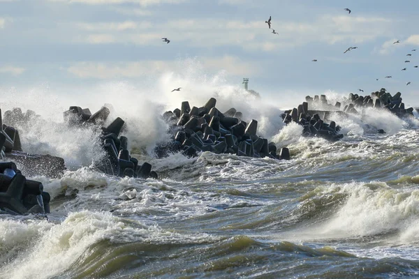 バルト海の冬の嵐の間に防波堤で波がクラッシュする — ストック写真