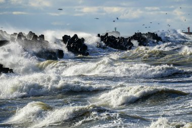Baltık Denizi 'ndeki kıyı fırtınası, büyük dalgalar liman girişindeki beton dalgalanmalarına çarpıyor.
