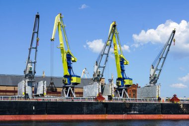 Yellow and blue painted cranes load coal into a bulk carrier in the port, blue sky background