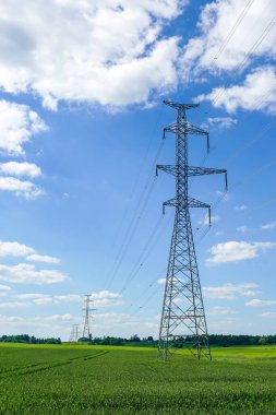 High-voltage power transmission line pylons in a cereal field on a background of blue sky and white clouds