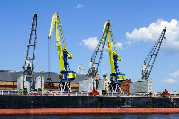 Yellow and blue painted cranes load coal into a bulk carrier in the port, blue sky background