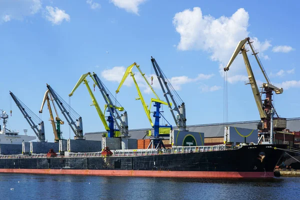 Bulk carrier with open storage tanks in port bulk terminal, port cranes painted in the colors of the Ukrainian flag with buckets ready for work
