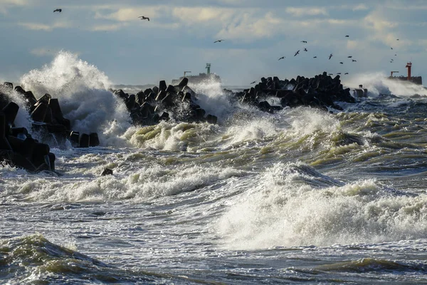 荒天時の防波堤のコンクリート破風に対する高い波の衝突 — ストック写真