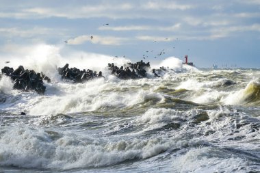 Fırtınalı hava kazasında oluşan büyük dalgalar yüksek sıçramalı beton tetrapodlara çarpar.