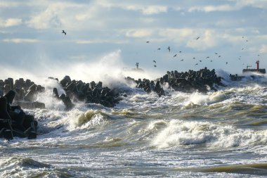 Fırtınalı hava kazasında oluşan büyük dalgalar yüksek sıçramalı beton tetrapodlara çarpar.