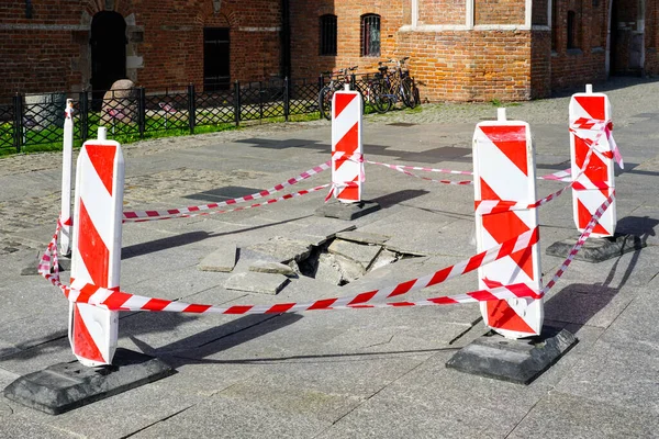 Collapse Pavement Slabs City Street Restricted Red White Warning Signs — Stock Photo, Image