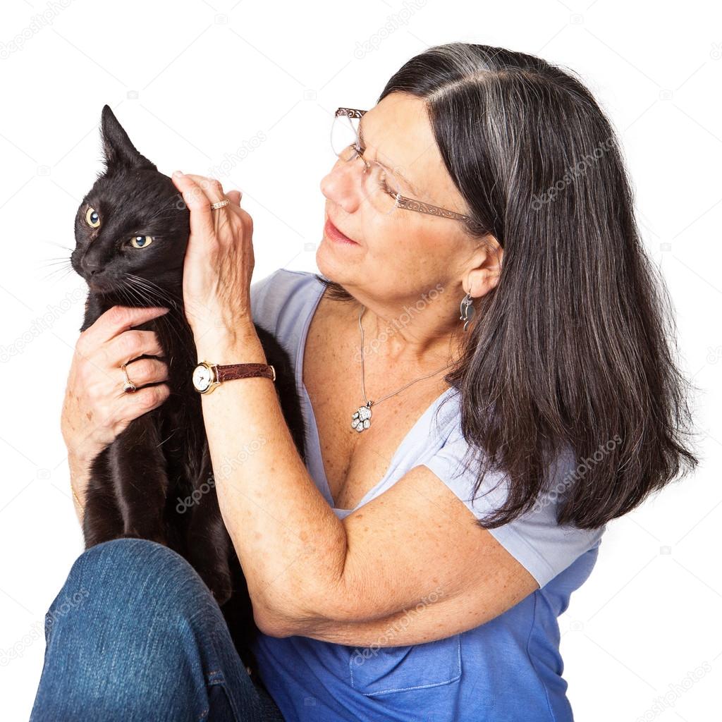 Woman Petting Black Cat