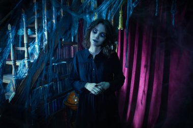 Kütüphane hayaleti. Terk edilmiş eski bir kütüphanede yalnız bir hayalet kız duruyor. Dehşet. Cadılar Bayramı.