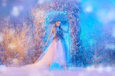 Peri dünyası. Sihirli bir kış ormanında muhteşem orman perisi. Kış Masalı.