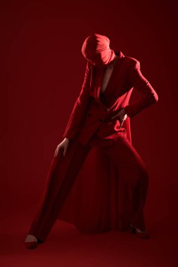 Şık kırmızı takım elbiseli, zarif ve anlamlı kadın model yüzü kırmızı şifon kumaşın arkasına gizlenmiş şekilde poz veriyor. Parlak kırmızı stüdyo geçmişi. Yüksek moda ve sanat. 