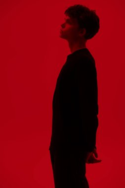 Stüdyo resmi, kırmızı arka planda duran, arkasında el ele tutuşan ve bir şeyler düşünen yakışıklı, koyu saçlı bir adamın profiliydi. İnsanlar, duygular. 