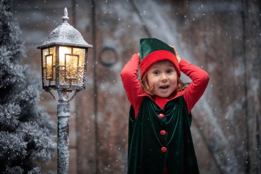 Sihirli Noel. Ormanda tahta bir kulübenin yanında duran, kar altında fener tutan ve mutlu bir şekilde şaşıran küçük şirin bir elf kızının portresi. Noel için mucizeler.
