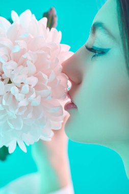 Güzellik portresi. Güzel bir esmer kız mavi arka planda narin bir kasımpatı çiçeği kokluyor. Makyaj ve makyaj malzemeleri. Parfüm. Yakın çekim..