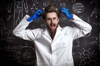 Bu fikre kafayı takmış bir profesör saçlarını başını yoluyor ve formülleri ve teorileri olan bir tahtanın yanında çılgınca bağırıyor..