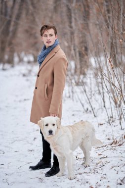 Soğuk bir kış gününde zarif giyimli, şık bir ceket ve eşarp giyen genç bir adamın köpeğiyle dışarıda yürüdüğü uzun bir çekim. Erkek güzelliği, moda ve yaşam tarzı.