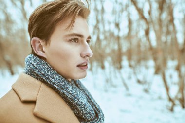Parkta karla kaplı şık bir ceket ve eşarp giymiş yakışıklı bir sarışını yakından çek. Erkek güzelliği ve modası. Kış mevsimi. 