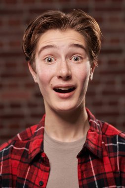 Yüzünde gülümseme ve büyük bir sürprizle tuğla bir duvarın arkasında duran, gündelik genç, pozitif bir çocuğun portresi. Gençlik yaşam tarzı ve duyguları. 