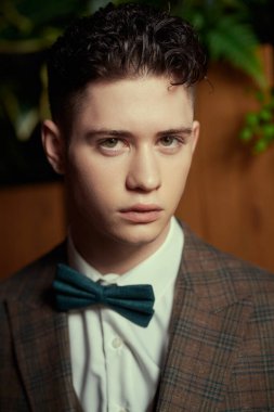 Lüks dairelerde papyon takan şık, şık, esmer bir adamın portresi. Erkek güzelliği, moda. İş biçimi.