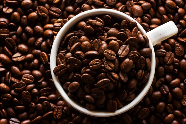 Roasted coffee beans in white cup on wooden background — Stock Photo, Image