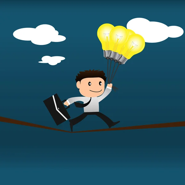 Kockázati concept.businessman a villanykörte egyensúlyozok a kötél — Stock Vector