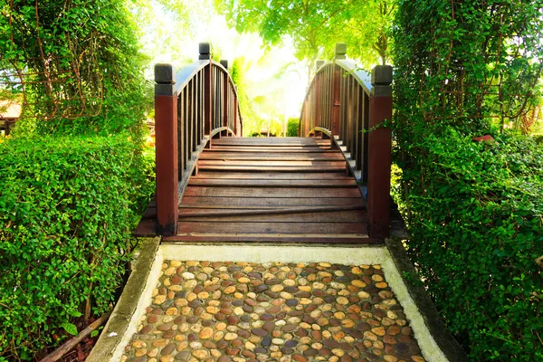 Wood bridge and Pathway in garden design with sun ray Royalty Free Stock Photos