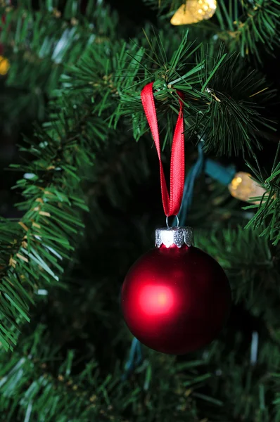 Ornamento de natal vermelho fosco pendurado na árvore — Fotografia de Stock