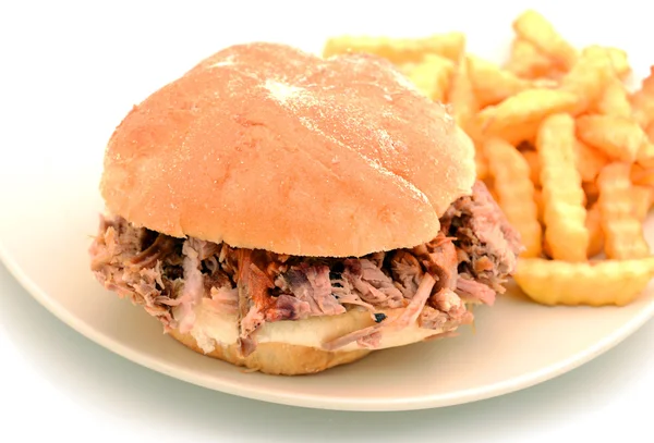 Barbecue trok varkensvlees sandwich en frietjes — Stockfoto