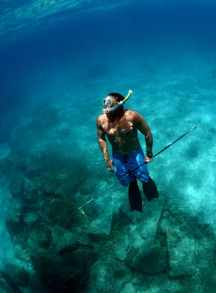 Man spearfishing underwater — Stock Photo, Image