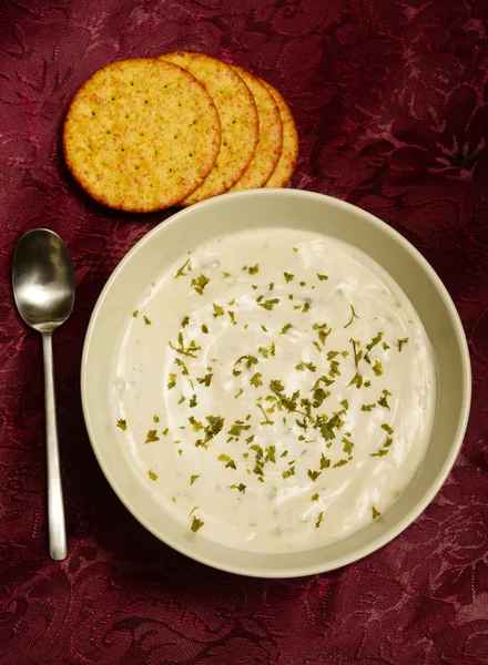 Warm creamy soup and crackers — Stock Photo, Image