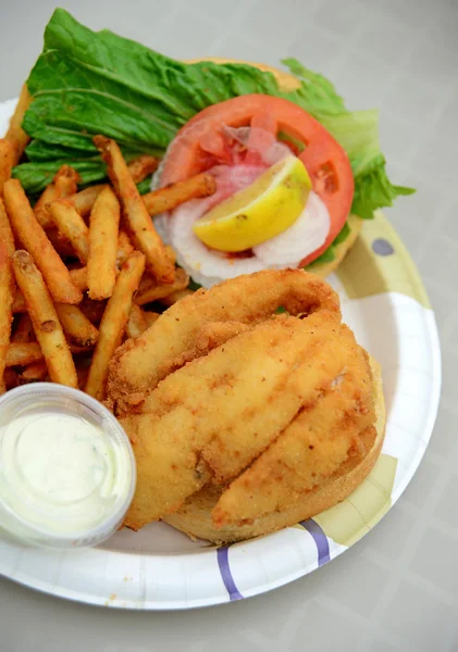 Сэндвич с жареной рыбой и картошка фри — стоковое фото