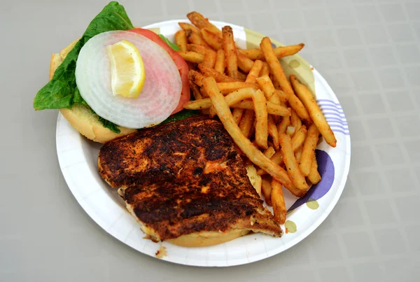 Blackened fish sandwich and a french fries on a plate — Stock Photo, Image
