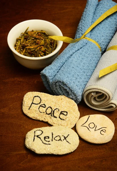 Peace, love and relax words and spa products — Stock Photo, Image