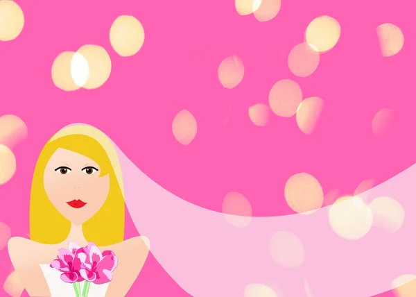 Blonde bride illustration in wedding dress with pink background — Stock Photo, Image