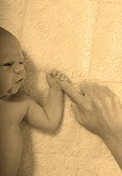 Newborn infant holding mother's finger — Stock Photo, Image