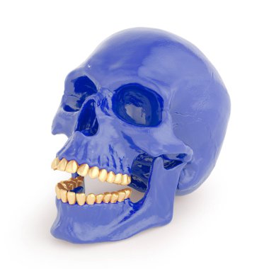 Beyaz arka planda altın dişli mavi kafatası. 3B görüntüleme 