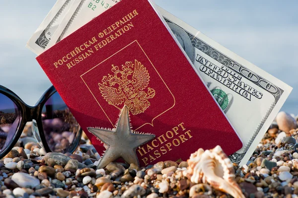 まだビーチで砂の中、ロシアのパスポートを持つ旅行 — ストック写真