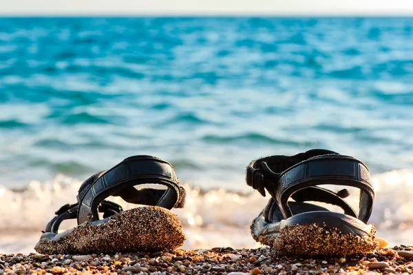 Beach shoes at the edge of the sea on the sandy beach. — Stock Photo, Image