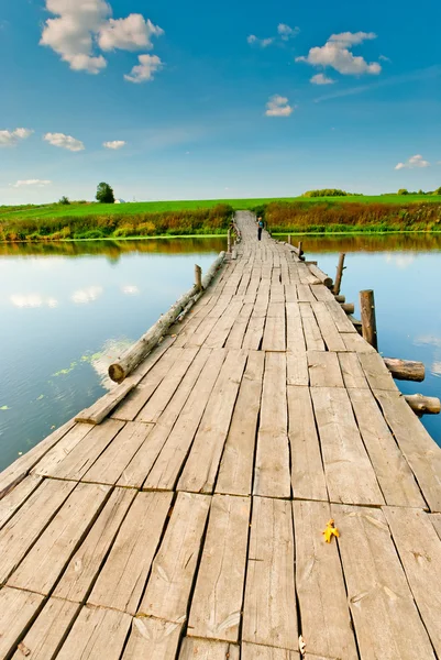 Ponte de madeira sobre um pequeno lago no início da manhã — Fotografia de Stock