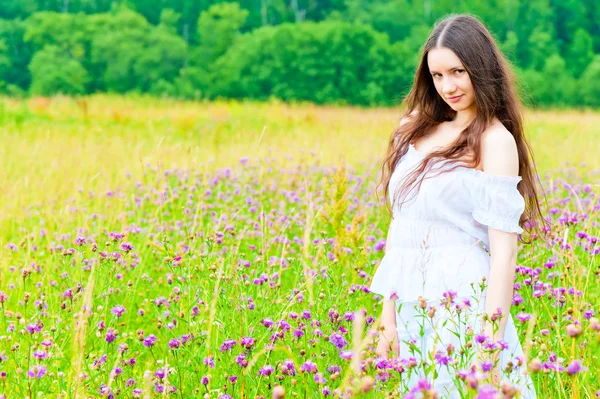 Beautiful girl standing in a field — Stock Photo, Image