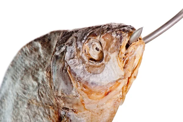 Kopf von gesalzenem Fisch mit einem Haken im Mund auf weißem Hintergrund — Stockfoto
