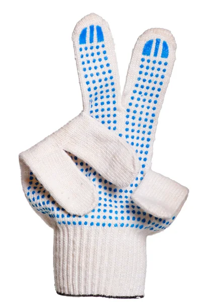 Katoenen handschoenen, niet-wegglijdende toont een teken van de overwinning — Stockfoto