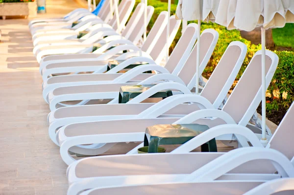 Aantal lege ligstoelen bij het zwembad in de vroege ochtend — Stockfoto