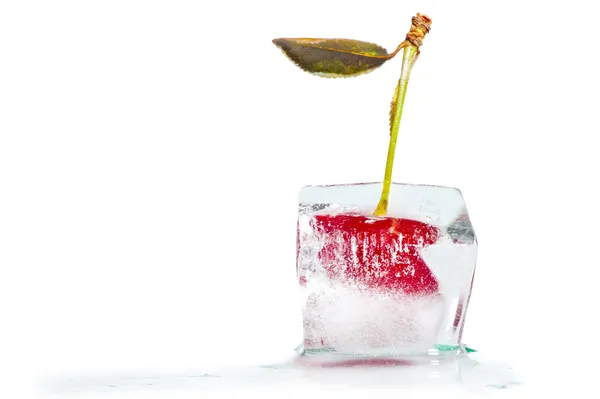 Cubo de hielo con cerezas congeladas — Foto de Stock