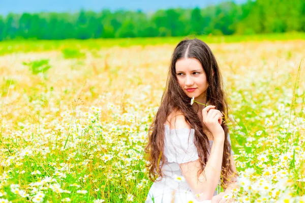 Chica atractiva sentada en un campo de margaritas y mirando hacia otro lado —  Fotos de Stock
