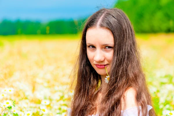 Portrait of a young beautiful girl with daisy flower — Stock Photo, Image