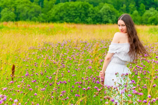 Ragazza con i capelli lunghi in un campo con fiori viola — Foto Stock