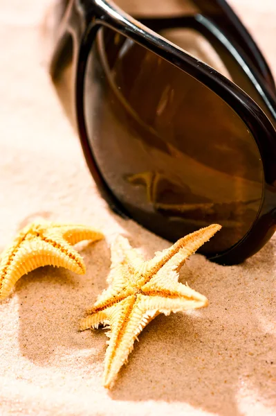 Rozgwiazda dwa okulary przeciwsłoneczne na plaży — Zdjęcie stockowe