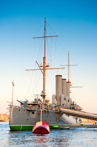 View of the cruiser Aurora on the Neva