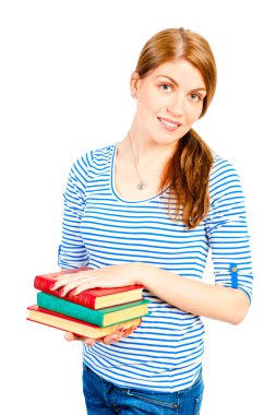 genç kız öğrenci bir kitap yığını ile gülümseyen